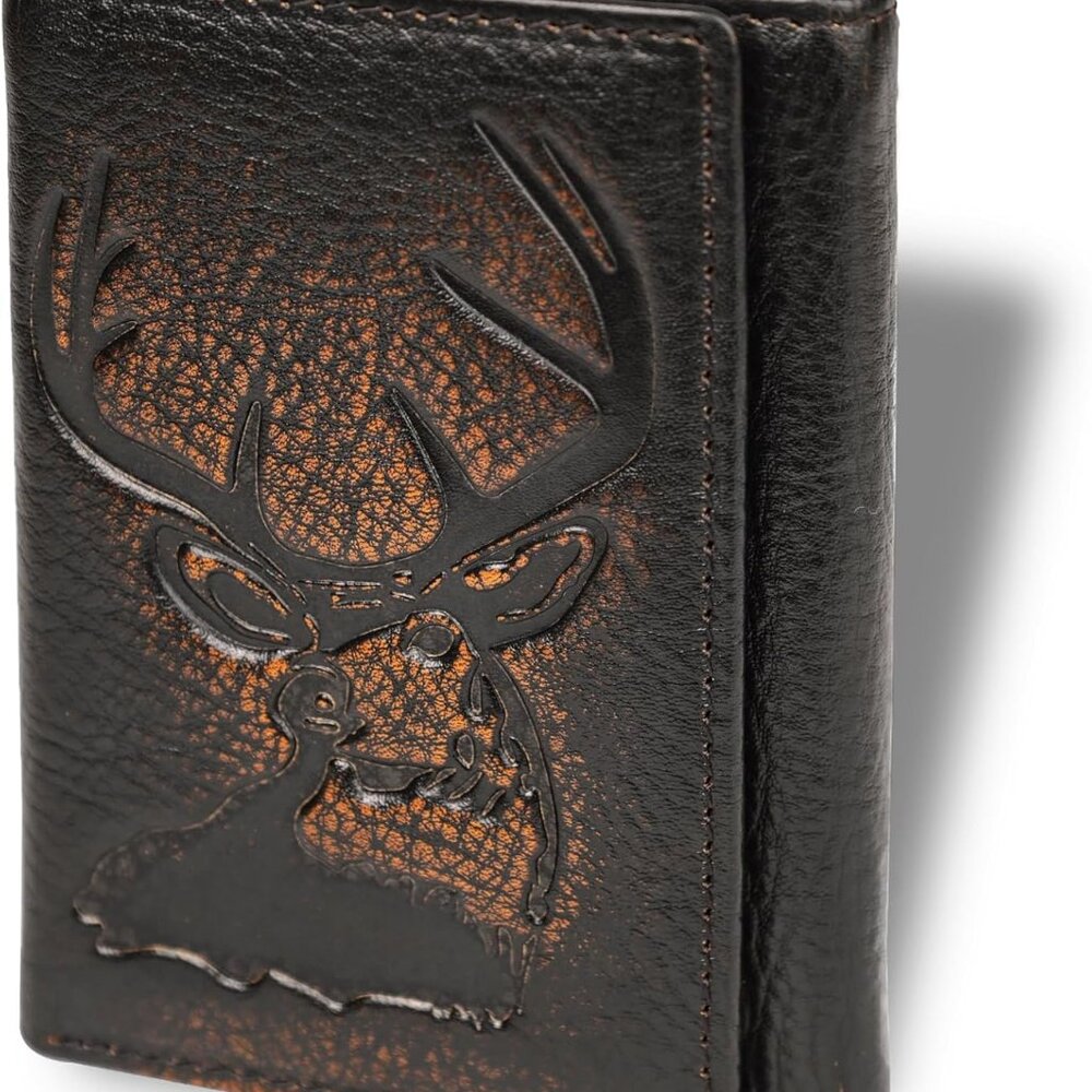 Deer Trifold Wallets for Men Full Grain Leather with Hand Burnished Tri-Fold Wal